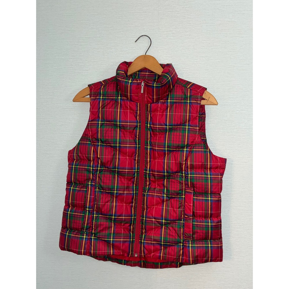Lands End Womens Red Plaid Down Puffer Vest Stewart Tartan M 10-12 489120